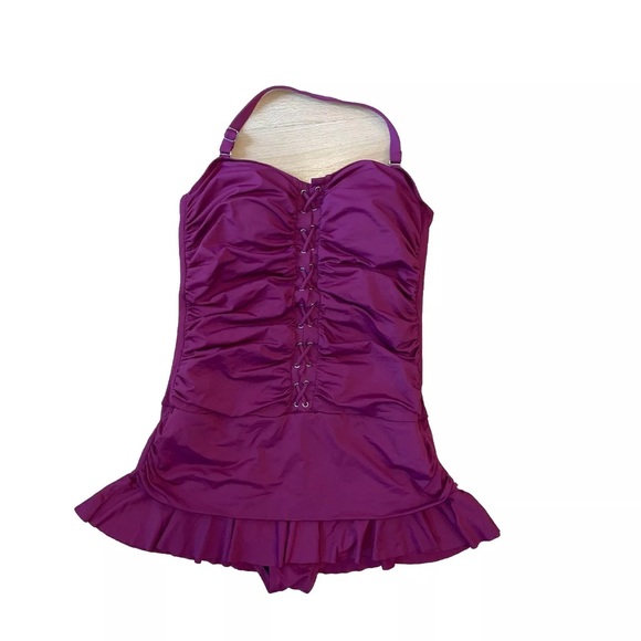 Firpearl Swimsuit Womens‎ 10 Burgundy One Piece Ruched Tummy Control Corset Lace - Picture 1 of 5